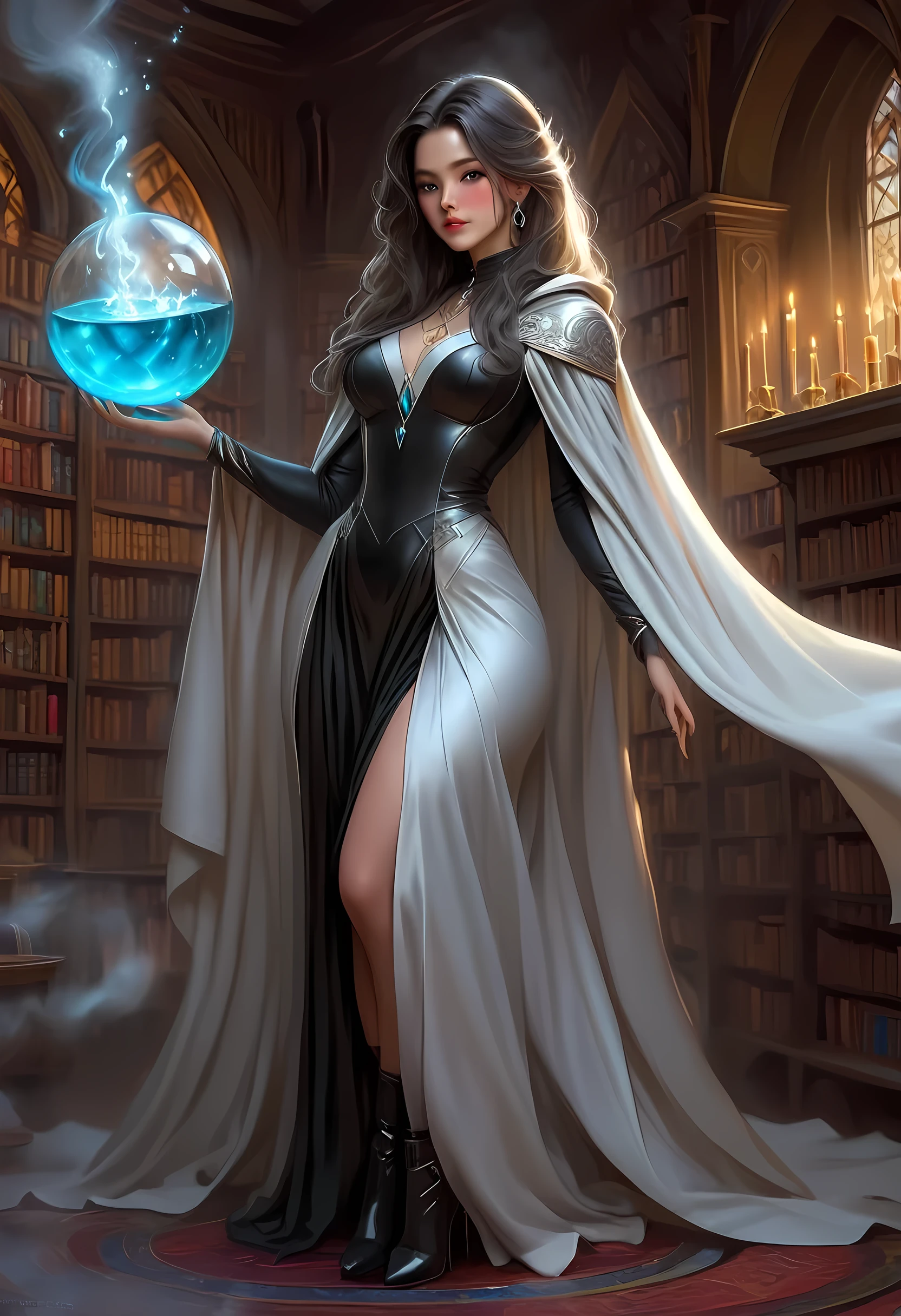 high details, best quality, 16k, [ultra detailed], masterpiece, best quality, (extremely detailed), full body, ultra wide shot, (ultra details, Masterpiece, best quality), fantasy art, dnd art, fantasy art, realistic art, a sorceress casting a AlchemyPunkAI spell in magical library (ultra details, Masterpiece, best quality), exquisite beautiful human woman (ultra details, Masterpiece, best quality), (sliver: 1.3) hair, long hair, (long dark dress: 1.2), (white cloak: 1.3), high heeled boots (ultra details, Masterpiece, best quality) AlchemyPunkAI