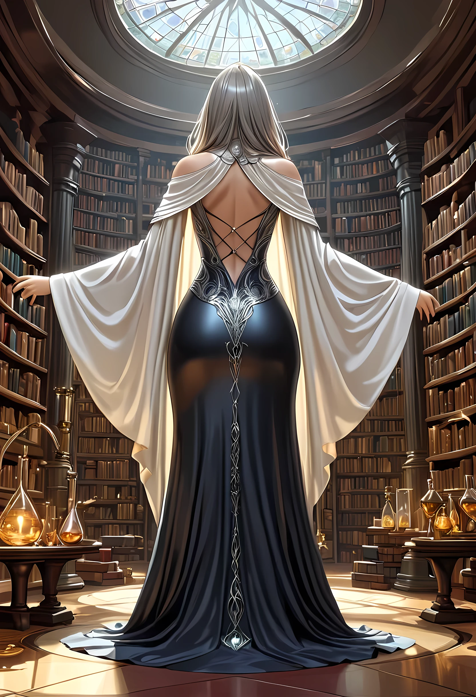 high details, best quality, 16k, [ultra detailed], masterpiece, best quality, (extremely detailed), full body, ultra wide shot, (ultra details, Masterpiece, best quality), fantasy art, dnd art, fantasy art, realistic art, a sorceress casting a AlchemyPunkAI spell in magical library (ultra details, Masterpiece, best quality), exquisite beautiful human woman (ultra details, Masterpiece, best quality), (sliver: 1.3) hair, long hair, (long dark dress: 1.2), (white cloak: 1.3), high heeled boots (ultra details, Masterpiece, best quality) AlchemyPunkAI