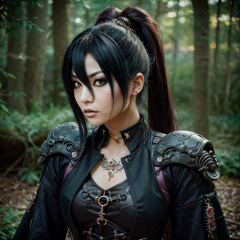 1 rockero japonés, femenino, ojos asiáticos, dragon, peinado en estilo Visual Kei, cabello visual kei, traje rockero,  rostro y ojos ultra detallados, Híper realista, representación realista, 30 años, edad 30 años, cuerpo completo, cabello negro y rubio 