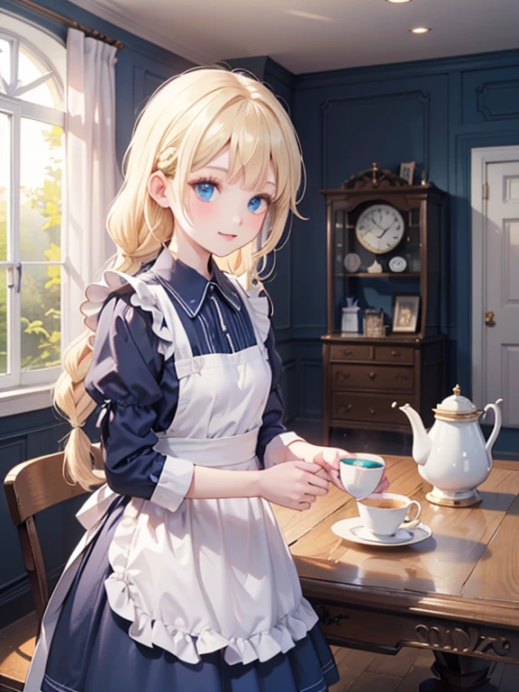 (8k, highest quality, Tabletop:1.2)、Ultra-high resolution、Alice in Wonderland, One 12-year-old girl, Detailed face、blue eyes, Blonde, Braid, Blue Dress, White apron, Clothes with bulging sleeves, A room full of clocks, A little dark room, Tea 