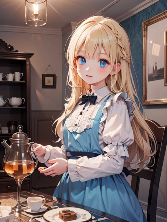 (8k, highest quality, Tabletop:1.2)、Ultra-high resolution、Alice in Wonderland, One 12-year-old girl, Detailed face、blue eyes, Blonde, Braid, Blue Dress, White apron, Clothes with bulging sleeves, A room full of clocks, A little dark room, Evening , Tea 