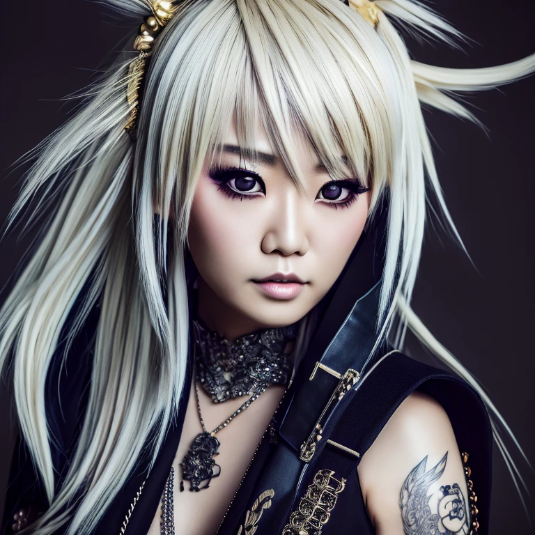 1 roqueiro japonês, fêmea, Olhos asiáticos, Dragão, penteado no estilo Visual Kei, cabelo Visual Kei, roqueiro de roupa,  rosto e olhos ultra-detalhados, hiper-realista, representação realista, 30 anos de idade, idade 30 anos, corpo todo,  cabelo loiro 