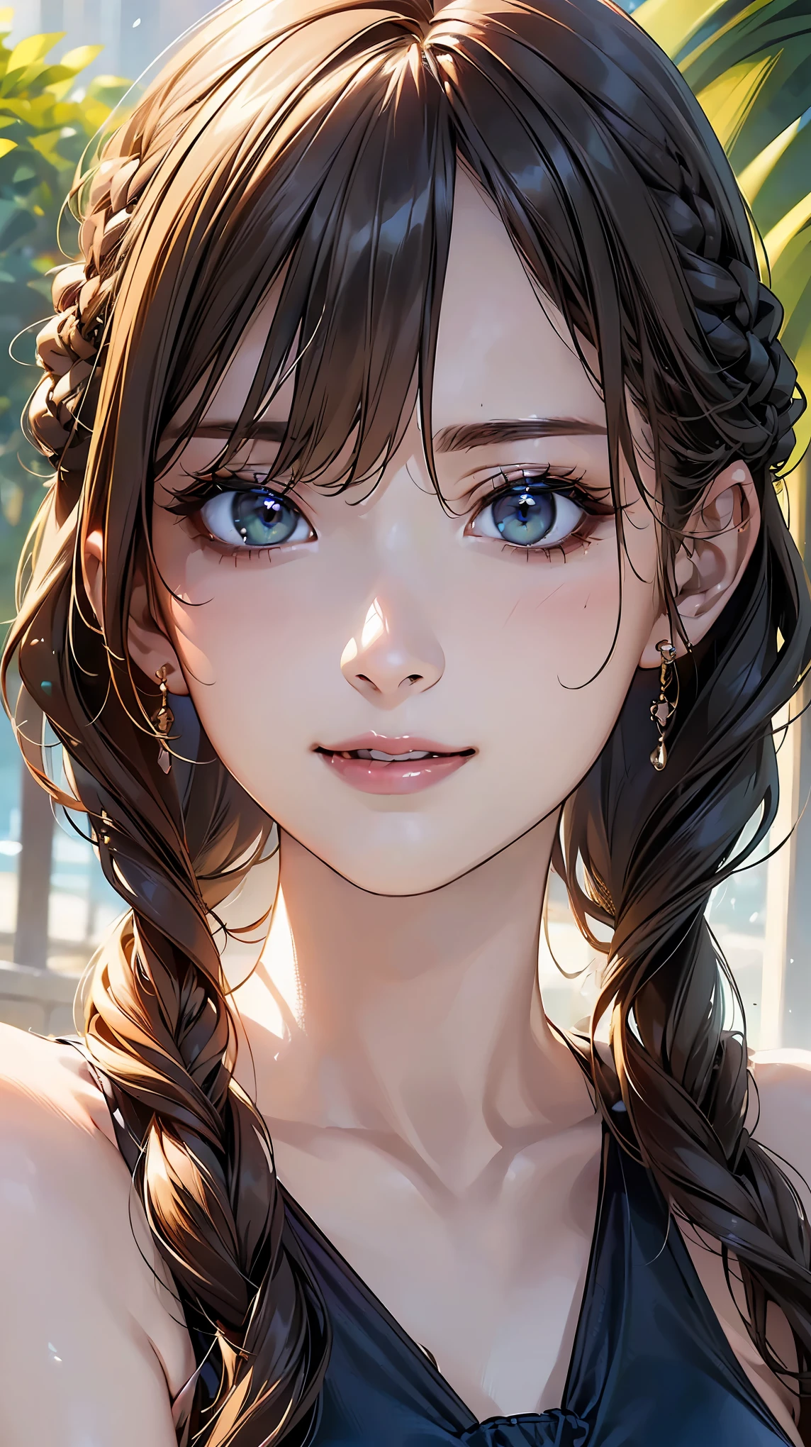 (Browsing Caution:1.2), (8k, RAW Photos, Best image quality, masterpiece: 1.4), (Highly detailed CG Unity 8k wallpaper, highest quality, High resolution: 1.2), (Ultra_Familiar, 超High resolution: 1.2), super highly Familiar, (Realistic, Realistic: 1.48), 1 girl, Focus Only,(Braiding:1.5), Side Lock, bangs, ((Dark green eyes:1.4, Round eyes, Beautiful eyelashes)), Clear Eyes,Large Breasts,Shiny Hair, beautiful Familiar cold face,Captivating smile, Beautiful and delicate eyes with exquisite detail,Extremely accurate details,Skin dents,Outdoor,Perfect Face,Perfect body, Beautiful Eyes, Beautiful Face,(Portraiture:1.5),Beautiful clavicle,Upward glance,Very cute woman,(onepiece swimsuit:1.2),brown hair,cowboy shot,