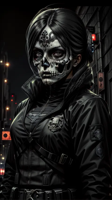 tactical uniform girl, in black, with weapons, skull mask. female hitman. black hair. skull mask, night city background