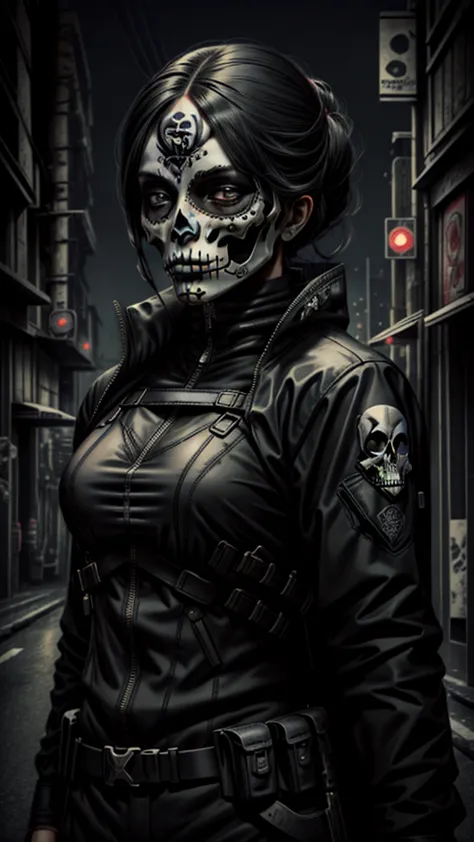 tactical uniform girl, in black, with weapons, skull mask. female hitman. black hair. skull mask, night city background