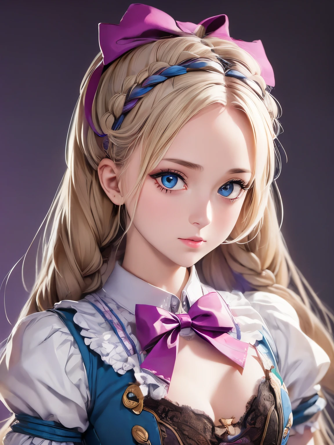 1girl, masterpiece, best quality, 8k, detailed skin texture, detailed cloth texture, beautiful detailed face, intricate details, ultra detailed, Alice in Wonderland, (a bow on her head:1.1), upper body