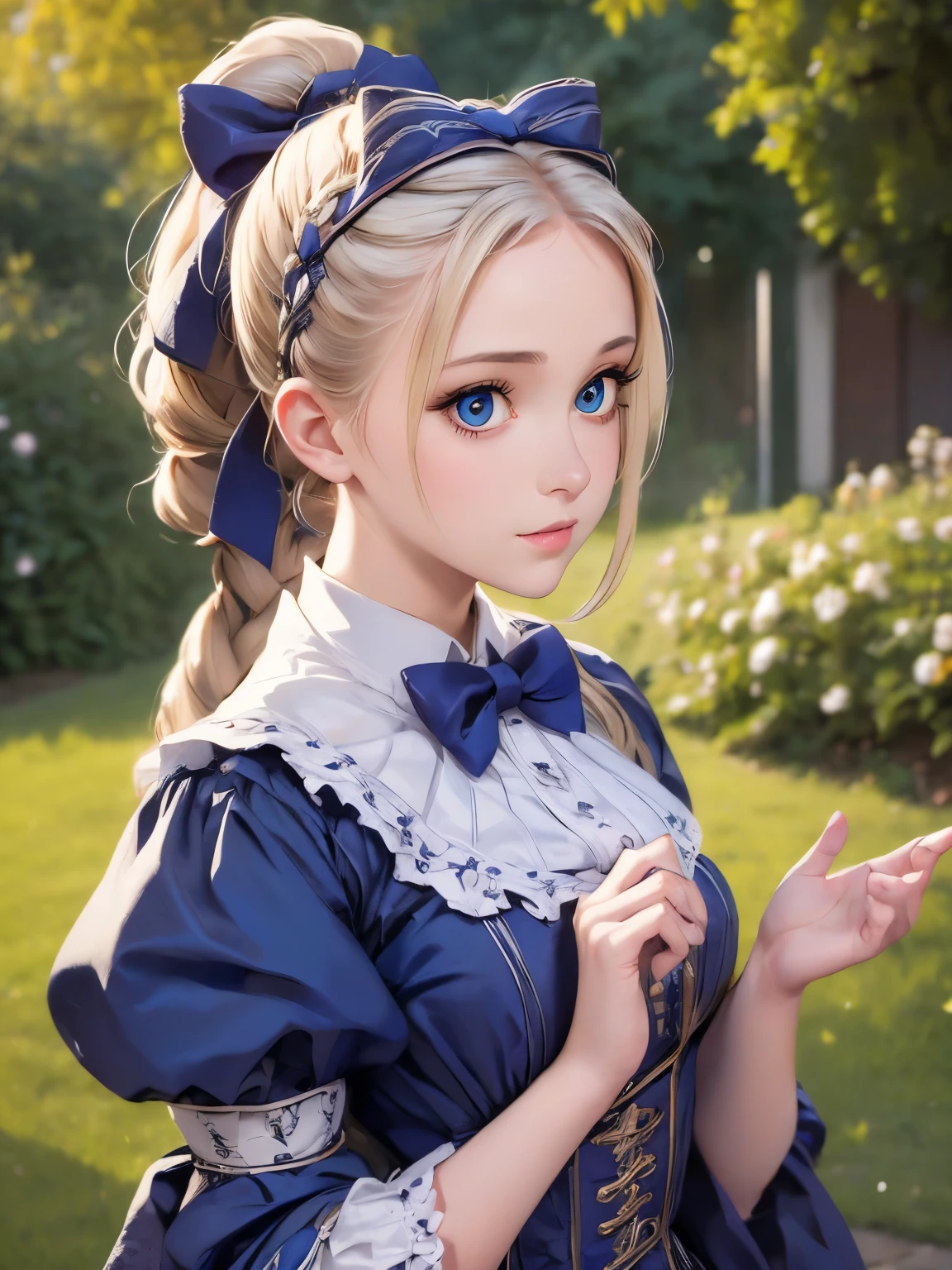 1girl, masterpiece, best quality, 8k, detailed skin texture, detailed cloth texture, beautiful detailed face, intricate details, ultra detailed, Alice in Wonderland, (a bow on her head:1.1), upper body