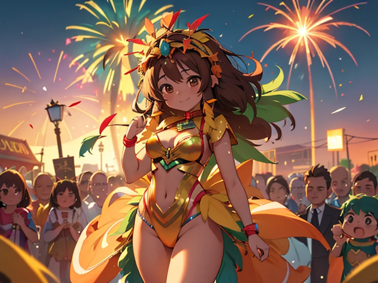1female\(chibi,smile,brunettes hair,hair floating,curly hairs,brown eyes,sweat,lively,carnival,parade,dancing samba hard,(bzccostume:1.5),(headdress:1.5),Brazilian Woman,Tanned Skin\), background\(brazil town,colorful confetti and streamers,beautiful fireworks\), BREAK ,quality\(8k,wallpaper of extremely detailed CG unit, ​masterpiece,hight resolution,top-quality,top-quality real texture skin,hyper realisitic,increase the resolution,RAW photos,best qualtiy,highly detailed,the wallpaper,cinematic lighting,ray trace,golden ratio\)
