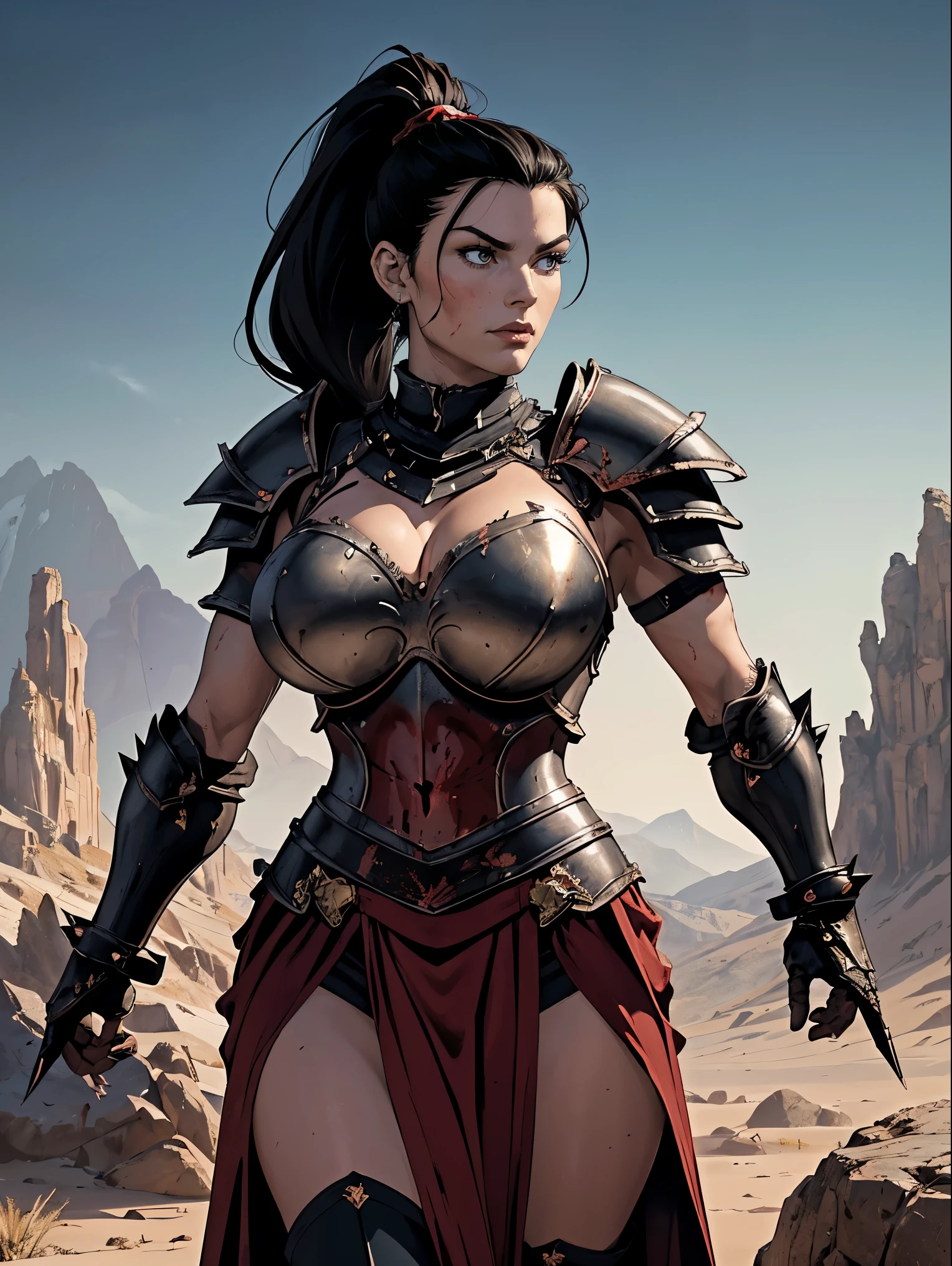 (masterpiece, top quality, best quality, official art, beautiful and aesthetic:1.2), (1girl:1.3), ((Sharp facial features, sharp features, hawkish features)), ((big hair, long black hair, ponytail)), big tiddy chaos warrior girl, extremely detailed, portrait, looking at viewer, solo, (full body:0.6), detailed background, full-body shot, (hot desert mountain theme:1.1), chaos warrior, (spiky helmet), charlatan, smirk, mysterious, swaying in mountains, armor, red metal, brass trim, long boots, dual axes, blood red fabric, pelvic curtain, loincloth, black leather, ((((heavy armor, blood, armored, gigantic breasts, long legs, pelvic curtain, toned, muscular)))), cute belly button, toned tummy, slim waist, slim hips, long legs, medieval (mountain exterior:1.1) background, dark mysterious lighting, shadows, magical atmosphere, dutch angle