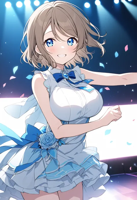 you watanabe, short hair, blue eyes, brown hair,,　, live stage, large breasts, formal dress smile　solo,