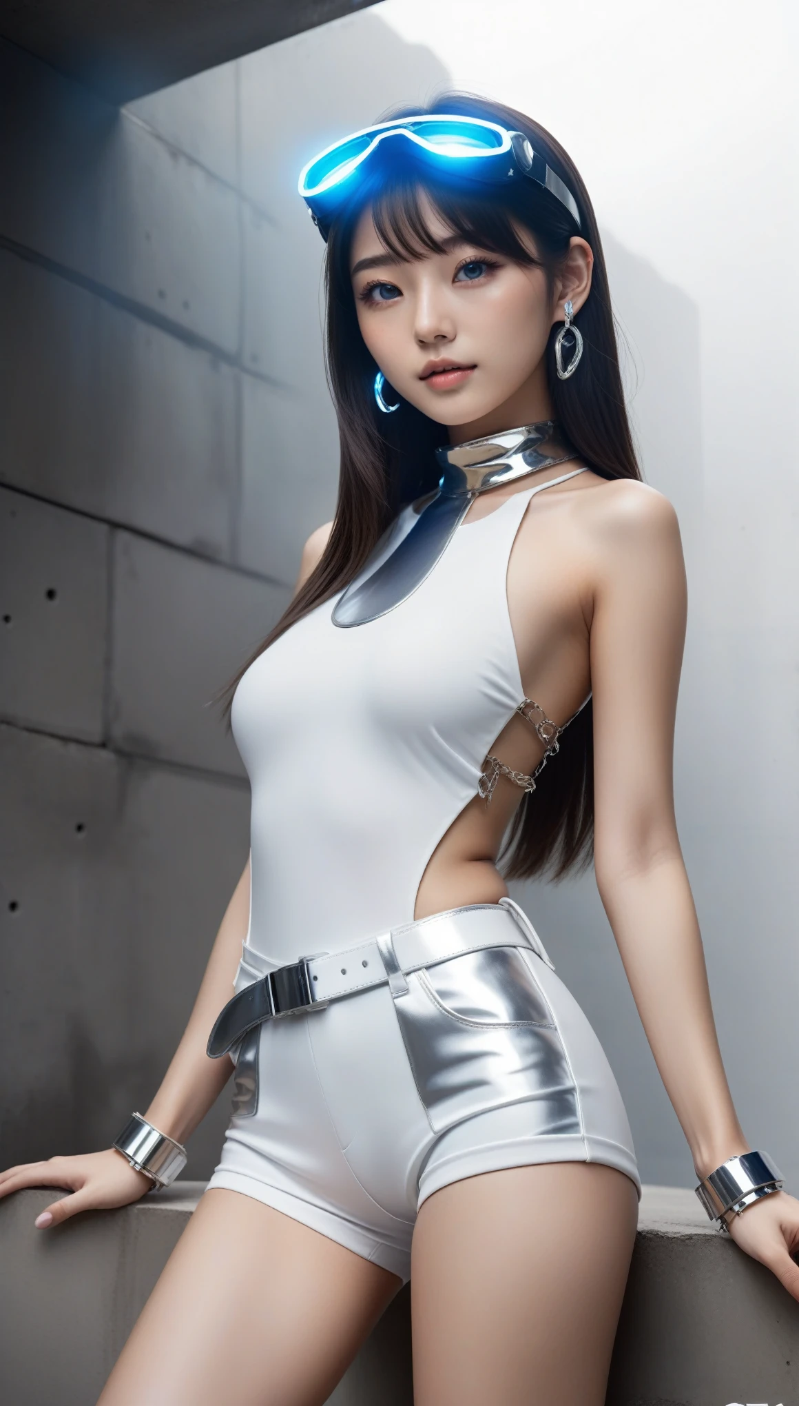 masterpiece, (Best Quality, perfect Detailed:1.4), Realistic, all body shot, 
BREAK 
beautiful Pretty and cute Japanese luna Girl, ig model, glamorous body, render of april, all body shot, standing,

BREAK 
(Detailed wear, all body wear:1.2),
(high-tech futuristic high-cut leg openings bodysuit:1.4), (layered over white short shorts:1.6), (silver metallic accessories:1.3), (chunky futuristic platform high-top sneakers:1.4), (silver visor sunglasses:1.3), (silver statement earrings:1.3), (stacked silver bracelets:1.2), (silver choker necklace:1.2), (futuristic silver belt with dangling charms:1.3),(glowing LED accents:1.3), (white theme:1.3),

BREAK 
(Detailed medium breasts, Detailed bodyline, Detailed legs and calves), (ultra slim waist, medium breasts, medium buttocks, beautiful sexy legs:1.2), White and beautiful Silky skin, arranged gray hair, small head,

BREAK small head, Detailed face, cute and Pretty slim face, Duck mouth, perfect beautiful Tooth, blue eyes, half open eyes, shiny eyes, looking viewer, 
in a concrete, fog, mist, steem