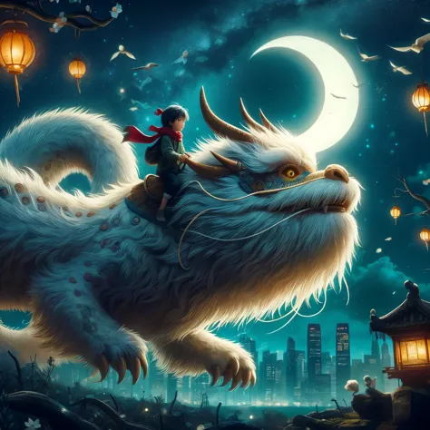 young boy adventurer riding a gigantic fluffy goodluck dragon at night under a crescent moon, fantasy, digital art, the never en...