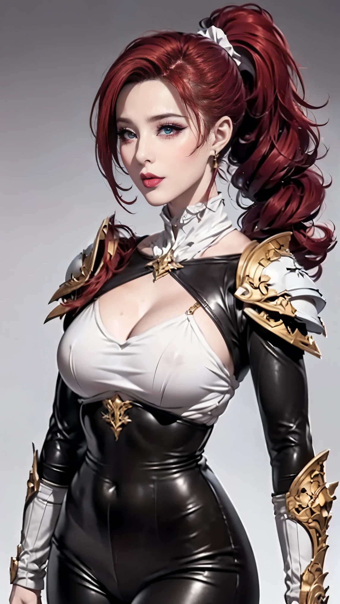 (8k, original photo, best quality, masterpiece:1.2), (Practical, photo-Practical:1.4), (Extremely detailed CG Unity 8K wallpaper), whole body (rogue:1.1) Women wearing gold jewelry (Leather Armor:1.3), Stitching the worn-out armor, (Extremely detailed:1.5), Gold and (White:1.5), Concept art portrait，author：greg rutkowski, Type Germ, Super Fine、Intricate Gothic Art Trending on Artstation, fantastic, Intricate details, (Small blue highlights:1), (Red hair, curls, High Ponytail: 1.4)