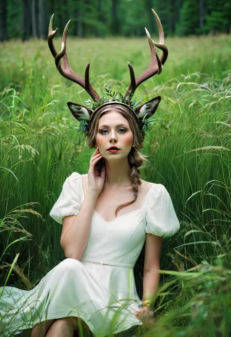 arafed woman with deer antlers in a field of tall grass, young woman with antlers, antlers on her head, wearing a crown made of ...