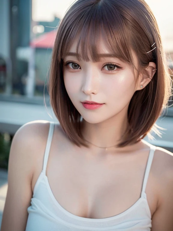 highest quality, 超A high resolution, (Realistic:1.4), One Girl, High nose bridge, short hair, (Outside Bounce), drooping bangs, Flat Chest, smile, (True Face), (24-years-old:1.5), Face Focus,Bronze Hair