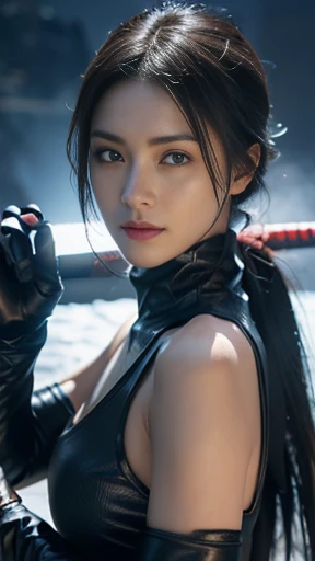 (RAW shooting, Photorealistic:1.5, 8k, highest quality, masterpiece, Ultra-high resolution), Sengoku, fire thing, War fires raging everywhere:1.3, Perfect dynamic composition:1.2, Highly detailed skin and facial textures:1.2, Slim female ninja holding a sharp dagger:1.3, Fight:1.2, beautifully、aesthetic, Cute and sexy beauty, Perfect Style:1.2, Wear an exquisite ring, fire, water, Wind, thunder, ice, Fair skin, Very beautiful face, Glowing White Skin, (Medium Chest), A faint smile, (Wearing a turtleneck ninja outfit), No sleeve (Beautiful Blue Eyes), (Fascinating:0.9), Cowboy Shot, No mask, ninjitsu pose, Neon Light, ninjitsu style, Magic Light, Chakra Light, aura