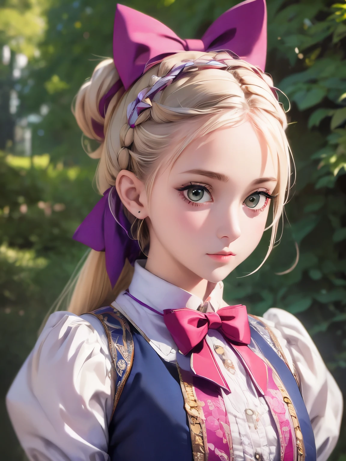 1girl, masterpiece, best quality, 8k, detailed skin texture, detailed cloth texture, beautiful detailed face, intricate details, ultra detailed, Alice in Wonderland, (a bow on her head:1.1), upper body