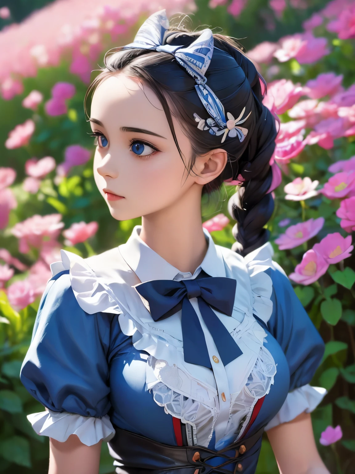 1girl, masterpiece, best quality, 8k, detailed skin texture, detailed cloth texture, beautiful detailed face, intricate details, ultra detailed, Alice in Wonderland, (a bow on her head:1.1), upper body