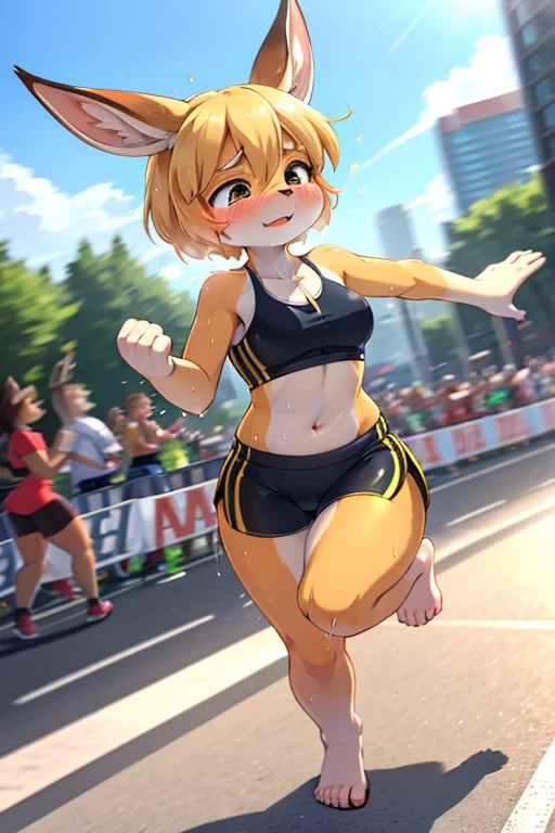 High-definition face , furry Gazelle girl , round face , (tilt face:1.2) , moist eyes , (Swollen cheeks:1.2) , glossy lips , flat chest , Lower back swelling , tight fit gym wear , harf gym shorts , barefoot , Sprinting in the marathon , (motion blur) , sweat stain