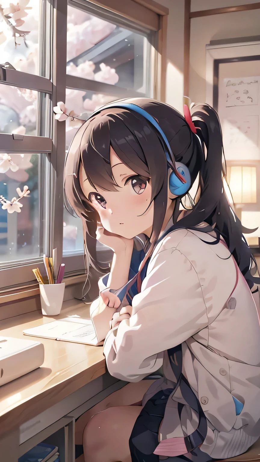 A beautiful girl studying in her room while listening to music with headphones、Outside the warmly lit room, cherry blossoms are blowing wildly.、Japanese anime style