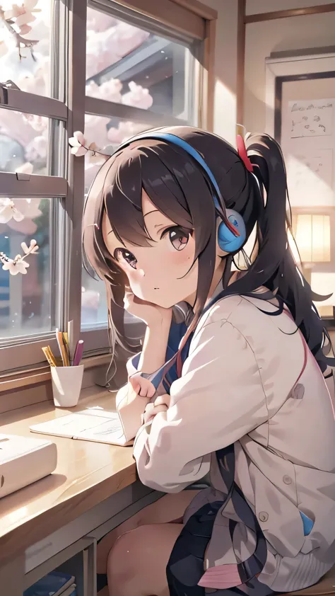 A beautiful girl studying in her room while listening to music with headphones、Outside the warmly lit room, cherry blossoms are ...