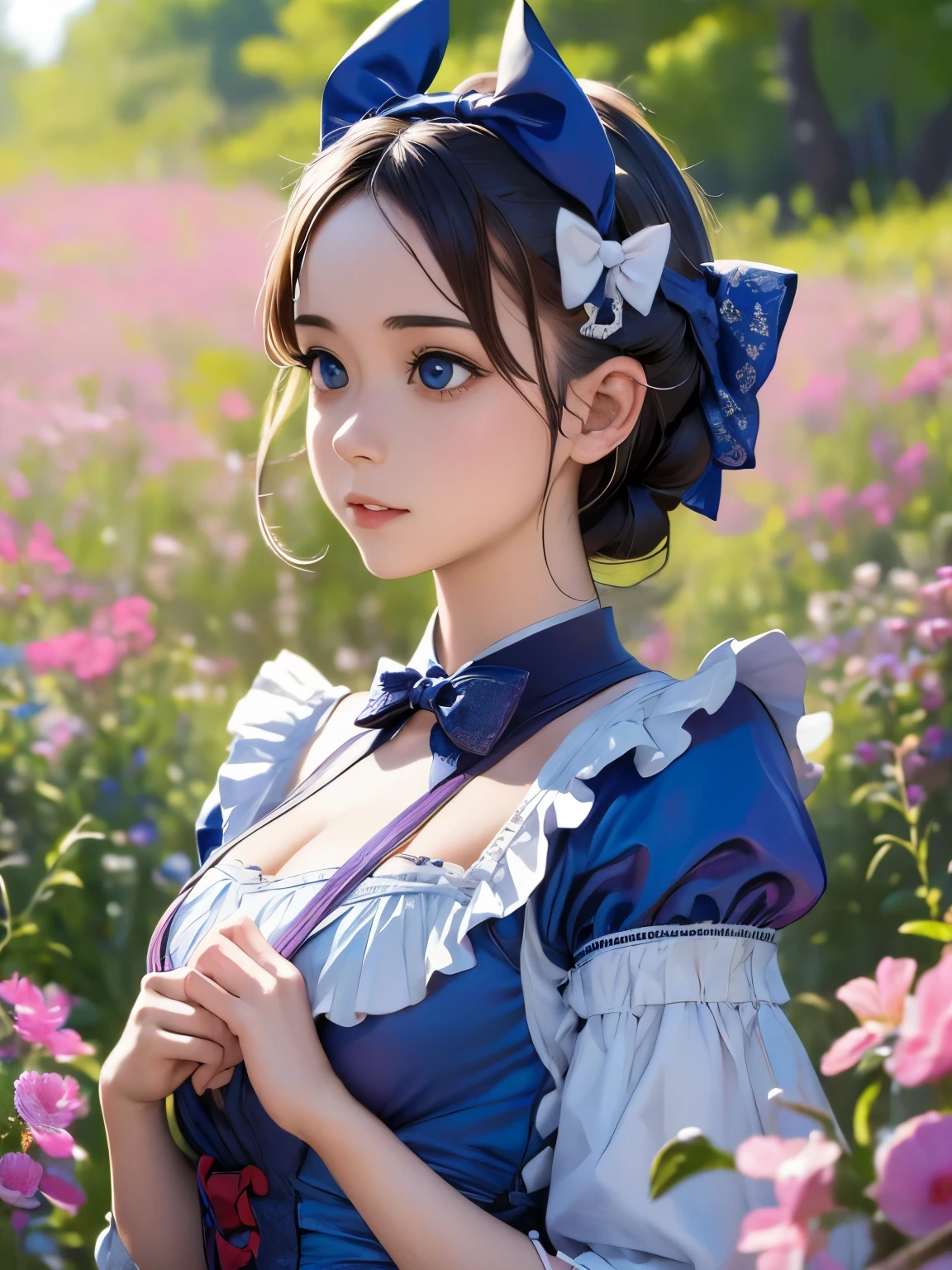 1girl, masterpiece, best quality, 8k, detailed skin texture, detailed cloth texture, beautiful detailed face, intricate details, ultra detailed, Alice in Wonderland, (a bow on her head:1.1), upper body