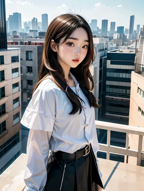 arafed woman standing on top of a building overlooking a city, ulzzang, korean girl, portrait of a japanese teen, dressed with l...