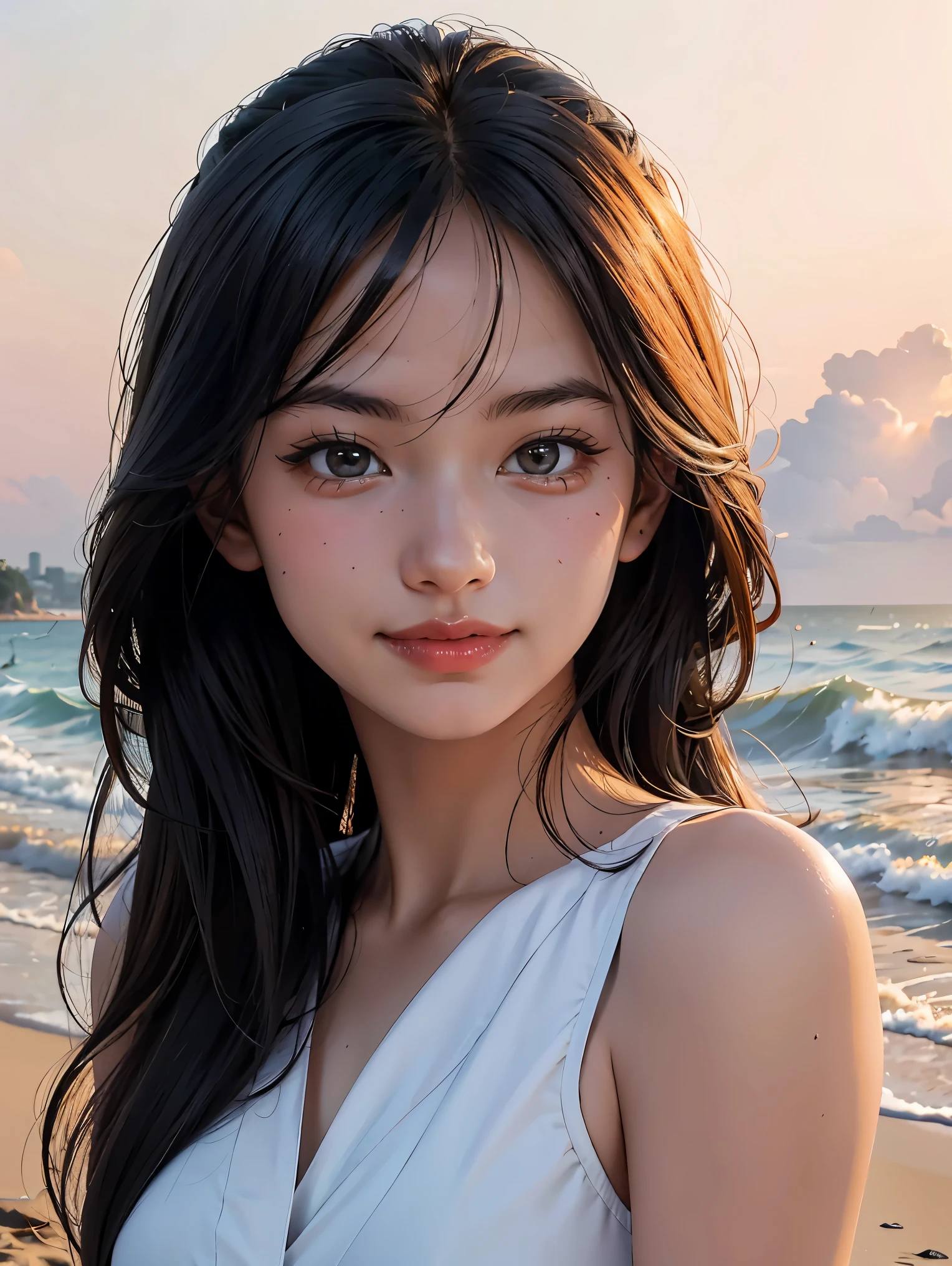 (RAW photo:1.2), (photorealistic:1.4),(masterpiece:1.3),(best quality:1.4),ultra high res,HDR,8k, (extreme detailed illustration), 1 girl, detailed beautiful face, young girl, long curl hair,smile,solo, look at viewer,clear background, on the beach, depth of field, natural lighting,(see-through silhouette),ulzzang-6500-v1.1:0.7