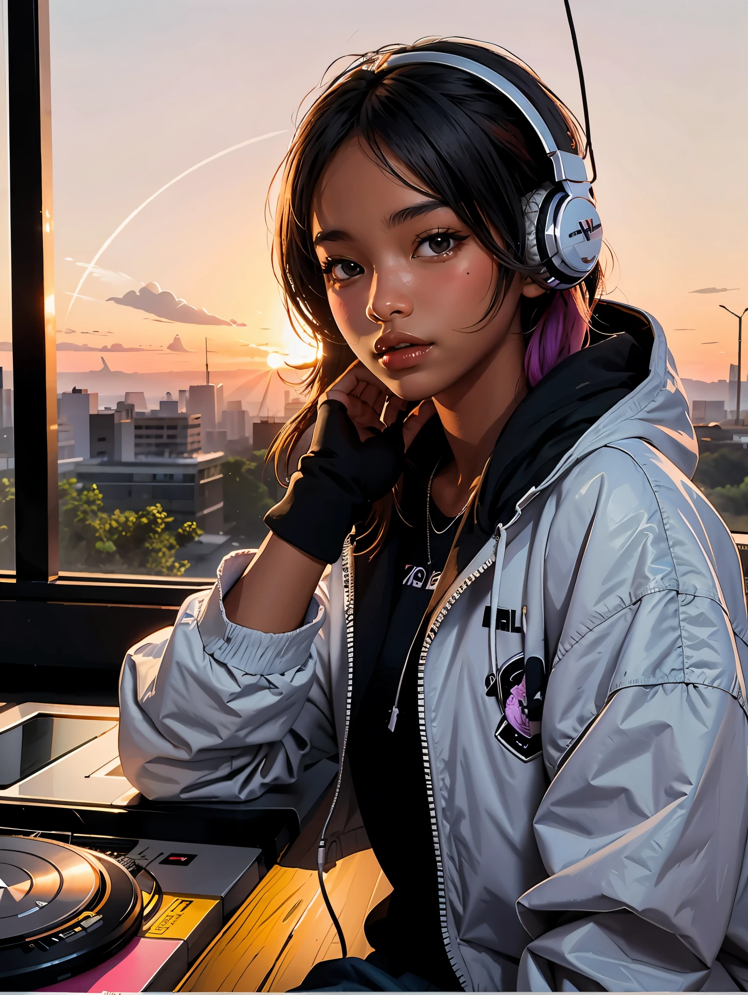 (nvinkpunk:1.2) (snthwve style:0.8) DJ eagle, headphone, anthro, lightwave, sunset, intricate, highly detailed  