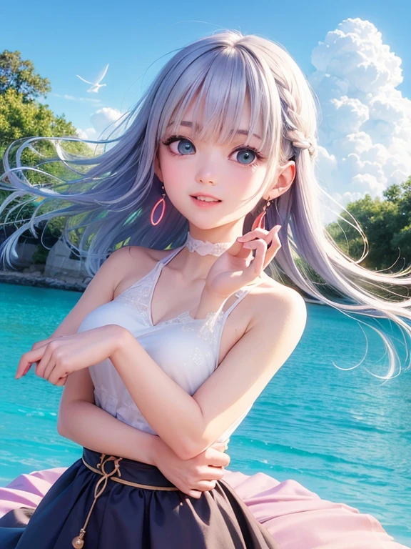 Small breasts、(high quality, masterpiece), One Girl, 、stop temporarily, particle, wind, flower, Upper Body, Simple Background, View your audience, , milky way,smile、Turquoise Eyes、（Long silver and light blue hair）、Red eyeshadow、Light pink lipstick、Flower pattern、pink、、Pink Sexy Lolita Swimsuit、Braid、Cute earrings、wind、blue sky、Dynamic pose、Looking up at the sky、Thick thighs、BIG ASS、smile、It should be but it&#39;s happening