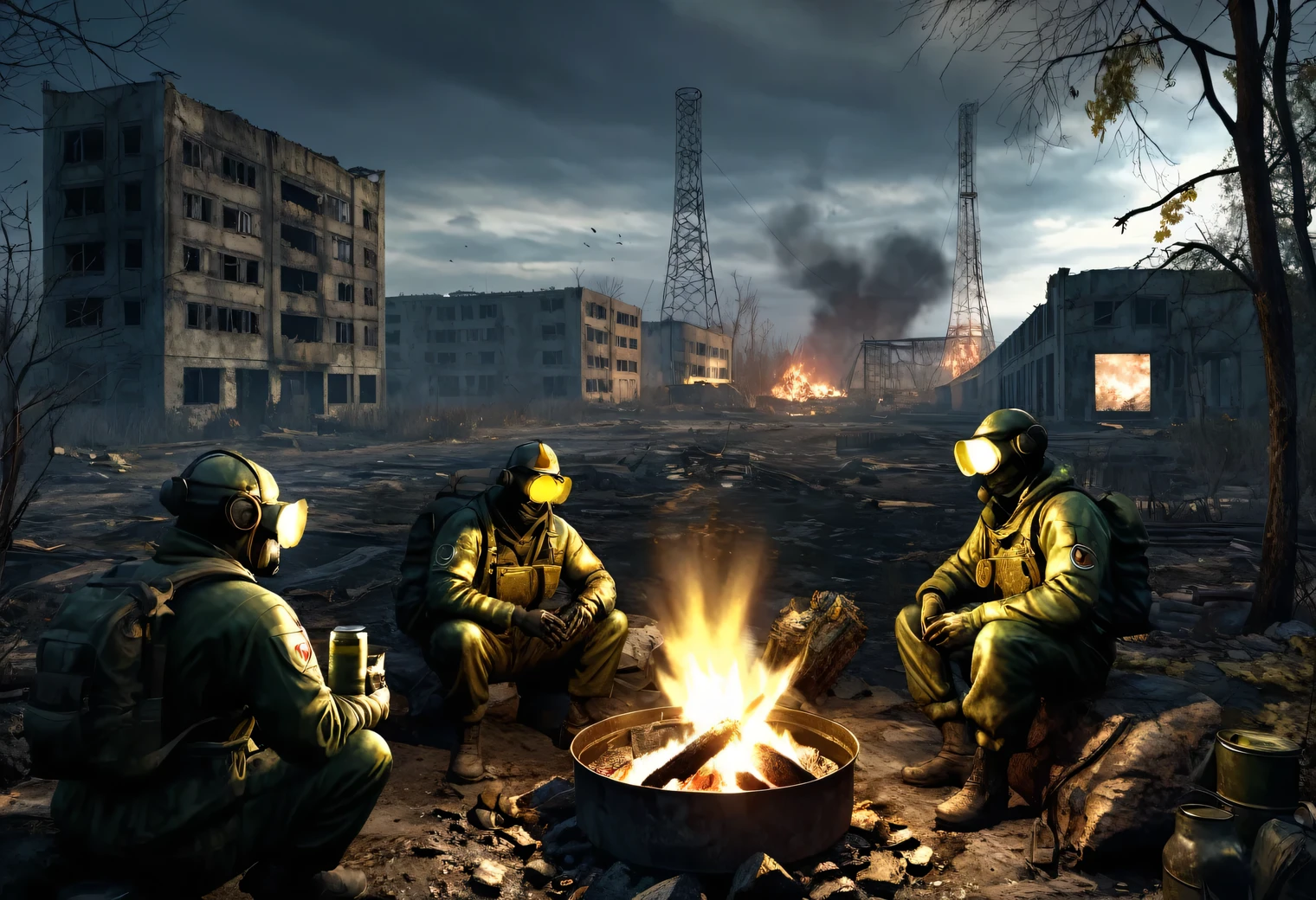 the theme is based on the game Stalker Shadow of Chernobyl, uma imagem realista no estilo de um videogame de computador de alta resolução, os arredores da cidade de Pripyat destruídos pelo desastre e pelo tempo, a usina nuclear de Chernobyl é visível à distância, anomalias perigosas com energia destrutiva escura e relâmpagos são visíveis ao redor, aglomerados de anomalias brilham e brilham, em primeiro plano, 4 perseguidores estão sentados ao redor de uma fogueira e comendo comida enlatada entre as ruínas, perseguidores em camuflagem e equipamento de perseguidor, artefatos brilhantes e objetos únicos são visíveis perto das ruínas, S.t.A.eu.K.e.R. Projeto, Resolução de 32k, processamento cinematográfico, alisamento de alta textura,