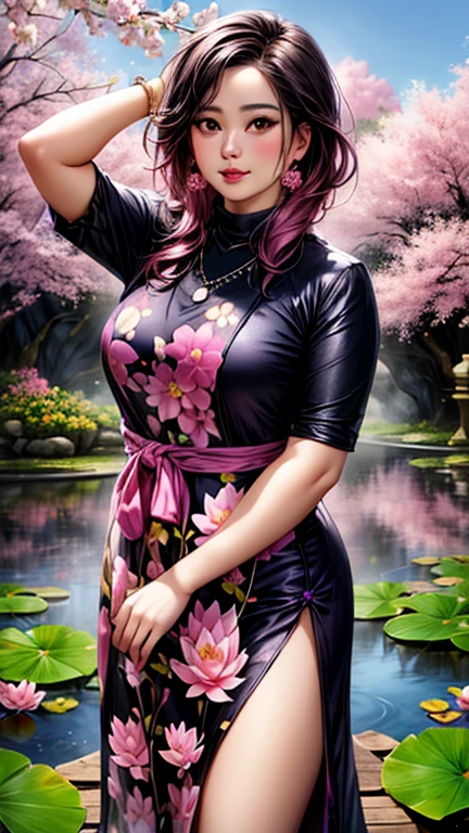 a gorgeous indonesian hijab girl in a misty mountains, lotus pond, cherry blossoms,  a fuchsia colour scarf, ((and a black gamis dress with abstract printed of pink and purple flowers)), chubby, necklace, bracelet, dynamic pose, detailed detail, real skin texture, best quality, ultra sharp, 