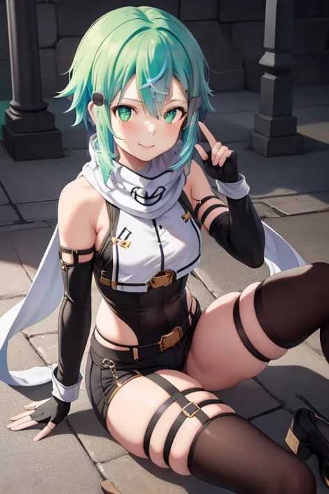 ​masterpiece, top-quality, high resolution, 1girl, sinon1, scarf, Fingerless gloves, hair adornments, hair clips, Thigh strap, s...