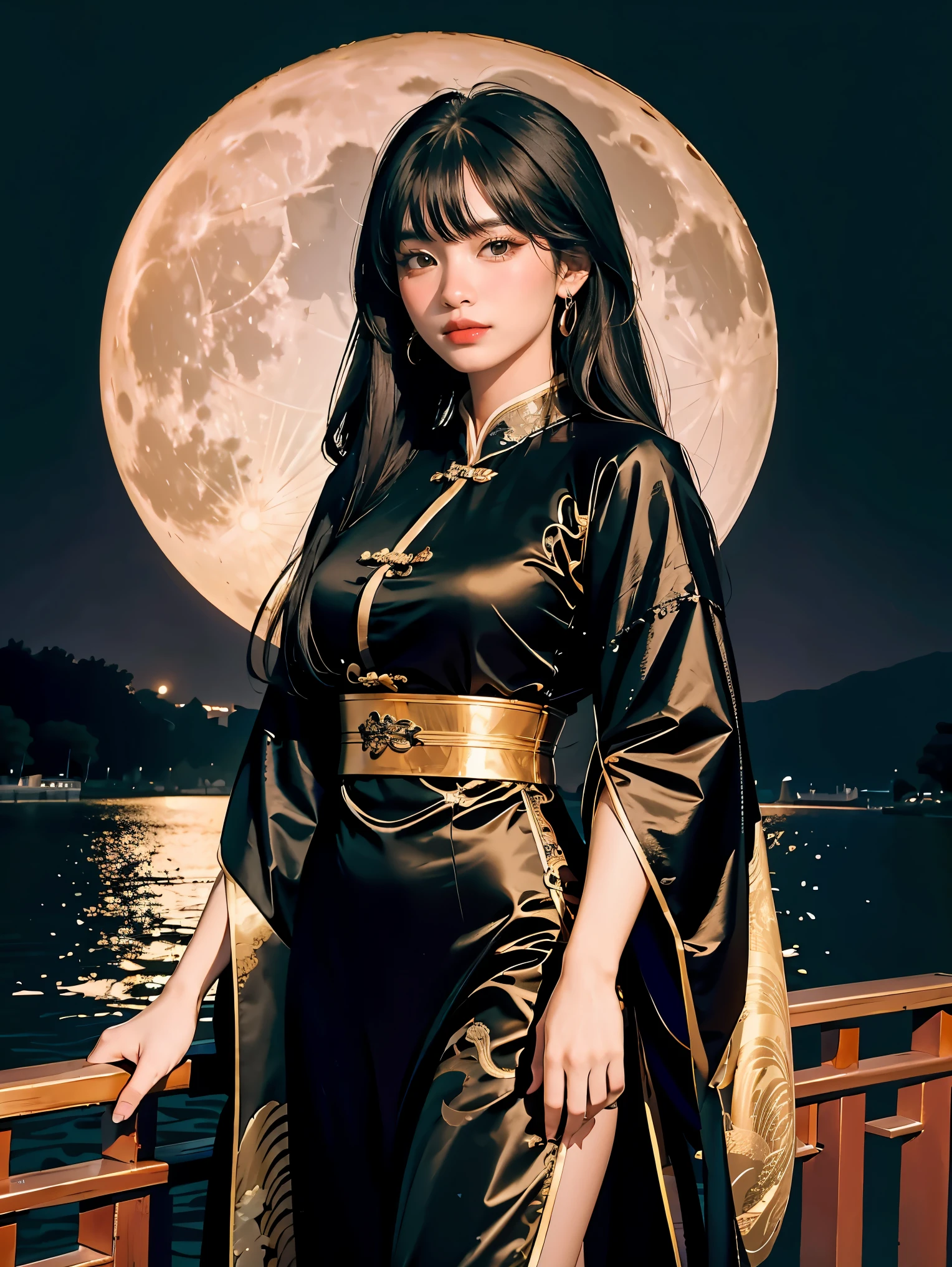 Masterpiece, best quality, outdoor, night, full moon, lakeside, branches, 1 woman, mature woman, Chinese style, ancient China, black hair, black eyes, forked hair, long hair, long bangs, handsome, handsome, masculine, gentle, tall, calm, black and gold mixed clothing, gold pattern, dragon pattern, prince,