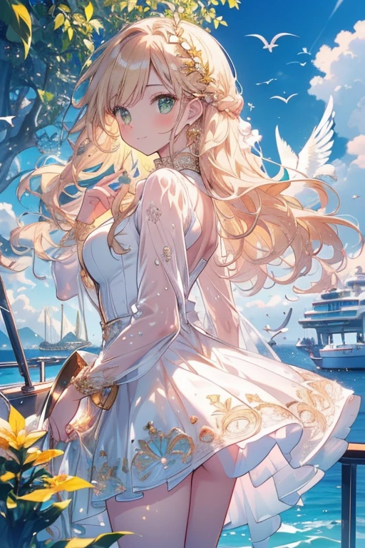 (((Masterpiece, of the highest quality, High Definition, Ultra-detailed)))), ((((Elegant))), one, (Fairy woman)))), (Short white skirt with golden embroidery), (Long golden-brown silky hair), (Bright and captivating emerald-green eyes), (Gold-embroidered white blouse), Large, (((On the cover of a yacht in the sea)), (Expansive sea))), (The sky with visible clouds.), ((Seagulls flying in the sky)), Smile, (Breeze), Flying light particles.