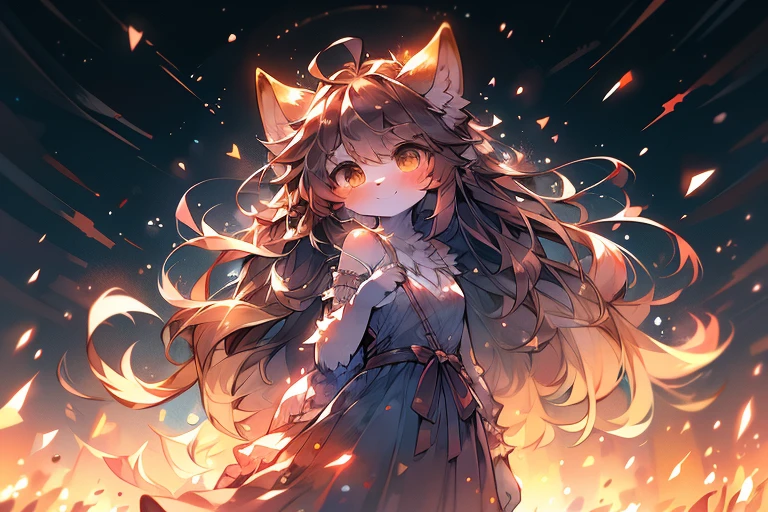 monochrome, watercolor, high resolution, top quality, best quality, Paid rewards available, High-quality illustrations, An unrivalled masterpiece, Perfect work of art, absurdes, night，Stars shine，Long dress in Greek style，exotic，girl, Beast field, hairy, Detailed body fur, Animal Face,Canine nose animal hand, Smile, arctic fox，Brown hair，Long hair，A gentle breeze blows，Brown tail，hairy tail，bonfire，Tsukishita Dokubu，Fan creations shared on Pixiv or other platforms ,