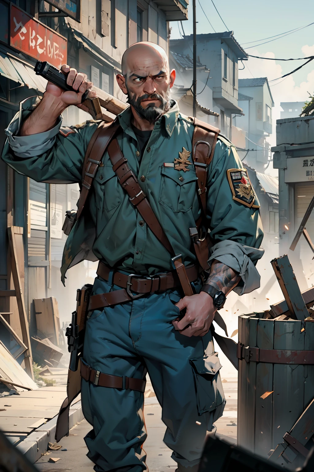 A middle-aged male hired gun, bald with a short, meticulously designed beard, stands tall against the backdrop of a chaotic battlefield.His eyes, ultra-detailed and hyperrealistic, convey a fierce intensity and focus. His body, detailed and defined, is outfitted in a military uniform, the fabric worn and weathered from the rigors of combat. In one hand, he clutches a weathered gun, the barrel gleaming in the sunlight. Behind him, the landscape is a blur of explosion and destruction, the ground shaking beneath his feet from the impact of nearby blasts. Despite the chaos around him, his expression remains calm and determined, the lines on his face deepening with each