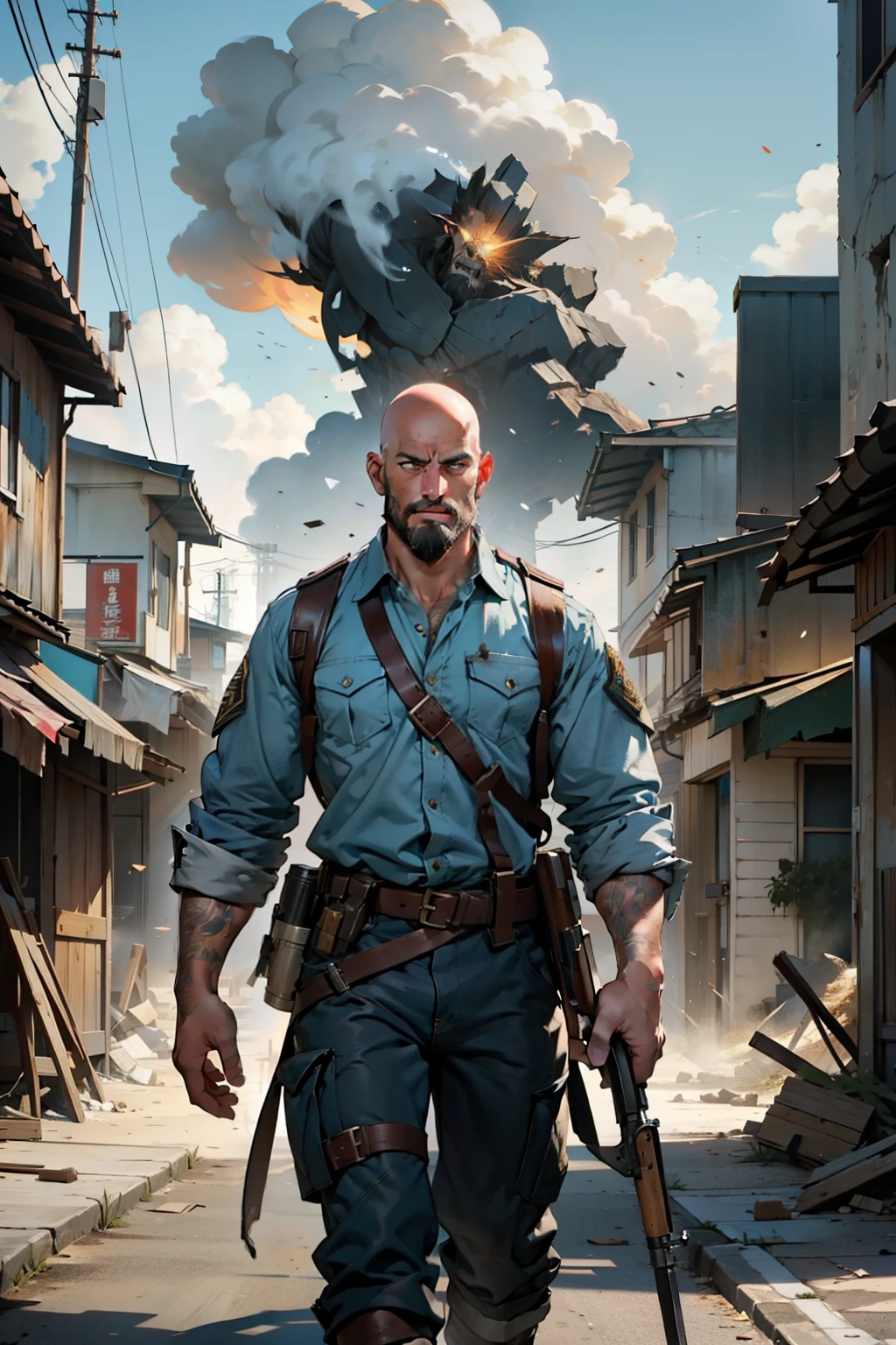 A middle-aged male hired gun, bald with a short, meticulously designed beard, stands tall against the backdrop of a chaotic battlefield.His eyes, ultra-detailed and hyperrealistic, convey a fierce intensity and focus. His body, detailed and defined, is outfitted in a military uniform, the fabric worn and weathered from the rigors of combat. In one hand, he clutches a weathered gun, the barrel gleaming in the sunlight. Behind him, the landscape is a blur of explosion and destruction, the ground shaking beneath his feet from the impact of nearby blasts. Despite the chaos around him, his expression remains calm and determined, the lines on his face deepening with each