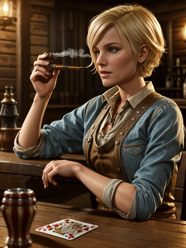 Short Haired Female Cowboy in a Saloon in the Old West,Blonde,Sitting,Smoking Pipe,Table Wisky,Piano,6 Bullet Revolver,Barrel,Table,Playing Cards,Dust,Artwork,3D,4K,Detailed,Realistic