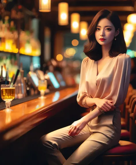 1 person, Attractive woman, A dignified woman, Night Bar, Counter chair, Blouse and high heels, Slender trousers, light makeup, ...