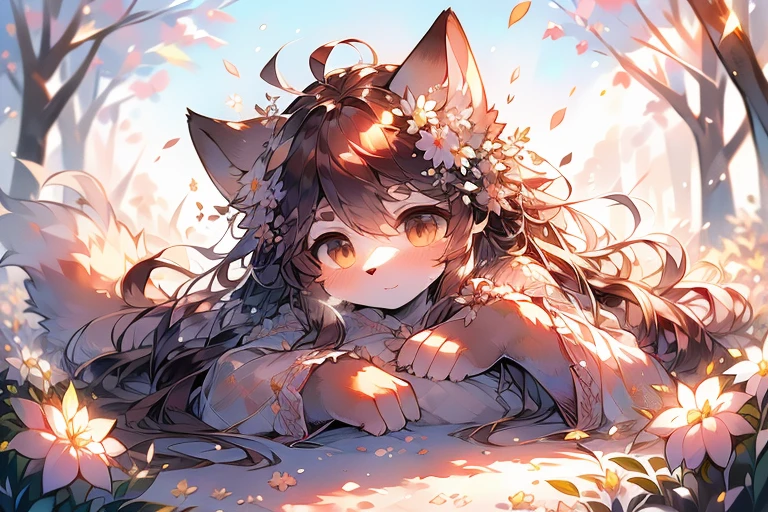 monochrome, watercolor, high resolution, top quality, best quality, Paid rewards available, High-quality illustrations, An unrivalled masterpiece, Perfect work of art, absurdes, Long dress in Greek style，exotic，girl, Beast field, hairy, Detailed body fur, Animal Face,Canine nose animal hand, calm, arctic fox，Brown hair，Long hair，Loose strands of hair，Brown tail，hairy tail，lying on the grass，Surrounded by white flowers，Fan creations shared on Pixiv or other platforms ,