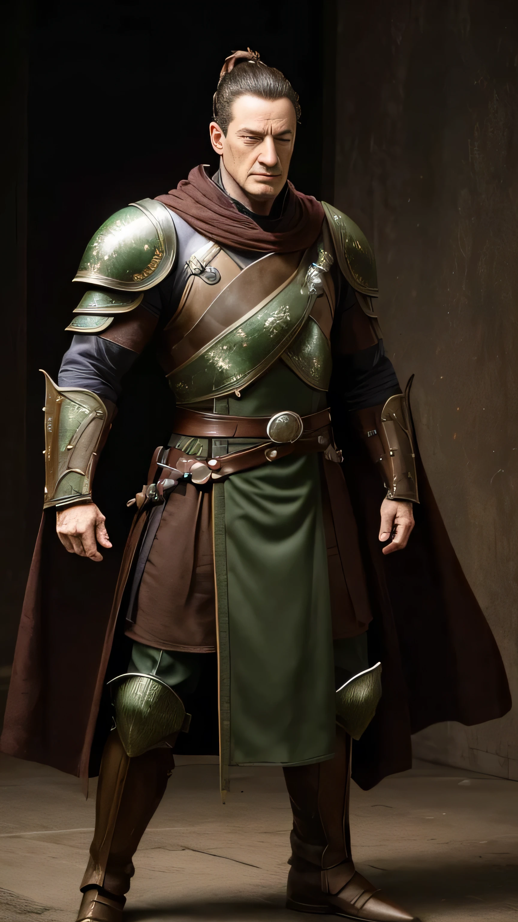 ((Jason Isaacs)) as Dairou from Mortal Kombat, bald head, ponytail, green tunic, brown robe, belts, straps, armor pieces, brown leather gauntlets, shin guards, 1man, solo, full body view, front view, looking at viewer, intricate, high detail, sharp focus, dramatic, photorealistic painting art by greg rutkowski