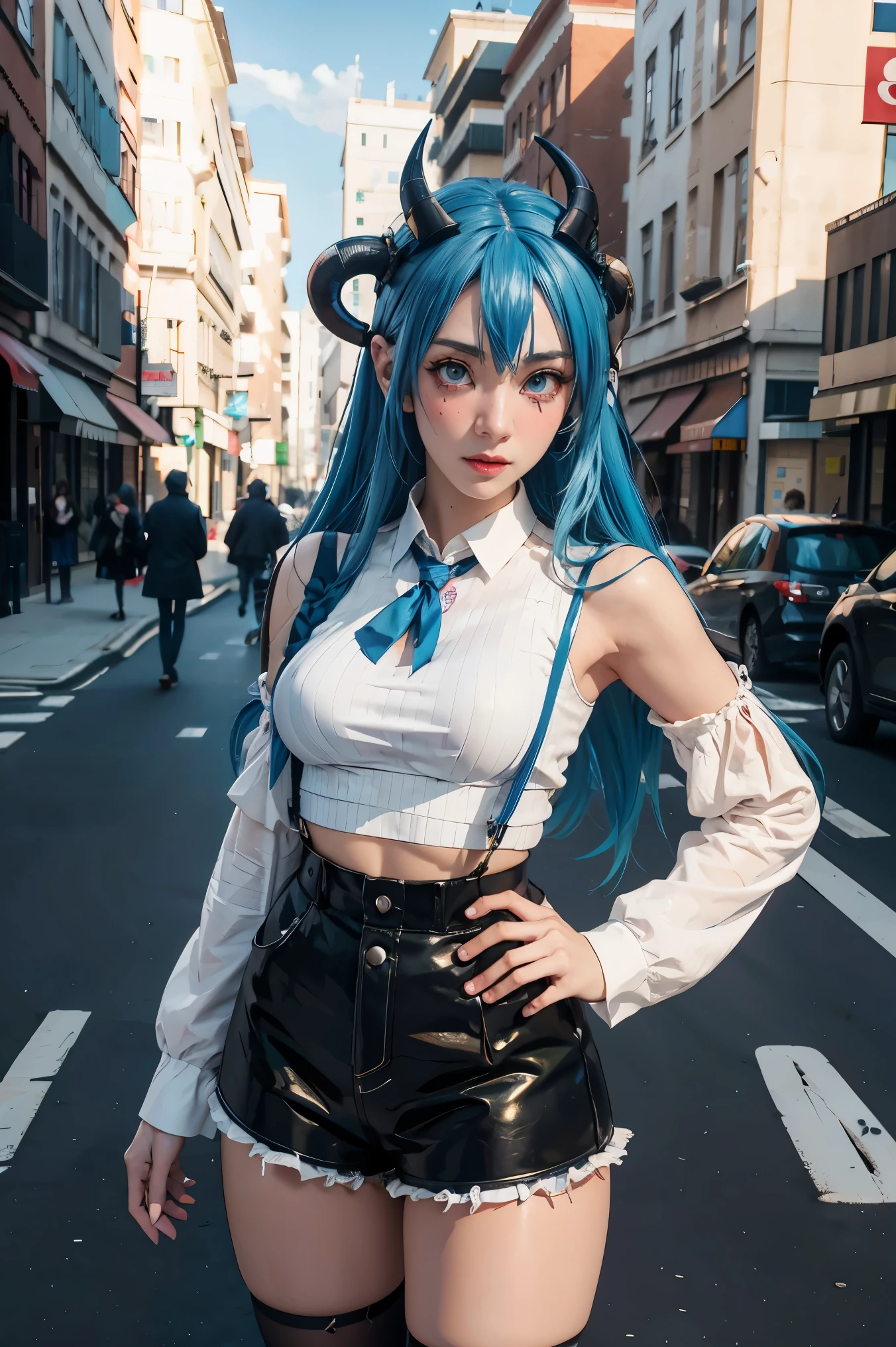 Chica anime con cabello azul y cuernos en una calle., anime realista en 3D, 2. 5 d cgi anime fantasía obra de arte, estilo animado 3d, estilo animado. 8k, 4k estilo animado, anime realista estilo 3d, deviantart estación de arte cgscosiety, arte animado digital, estilo guweiz arte, detailed arte animado digital, Camisa blanca, alas de dragón