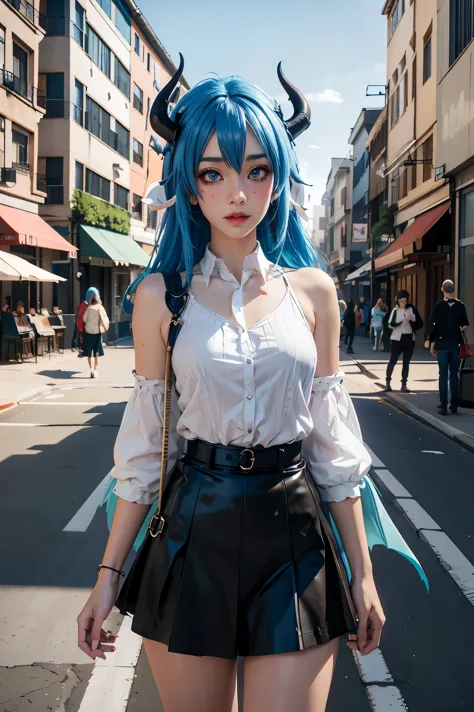 anime girl with blue hair and horns on a street, 3d realistic anime, 2. 5 d cgi anime fantasy artwork, anime style 3d, anime sty...