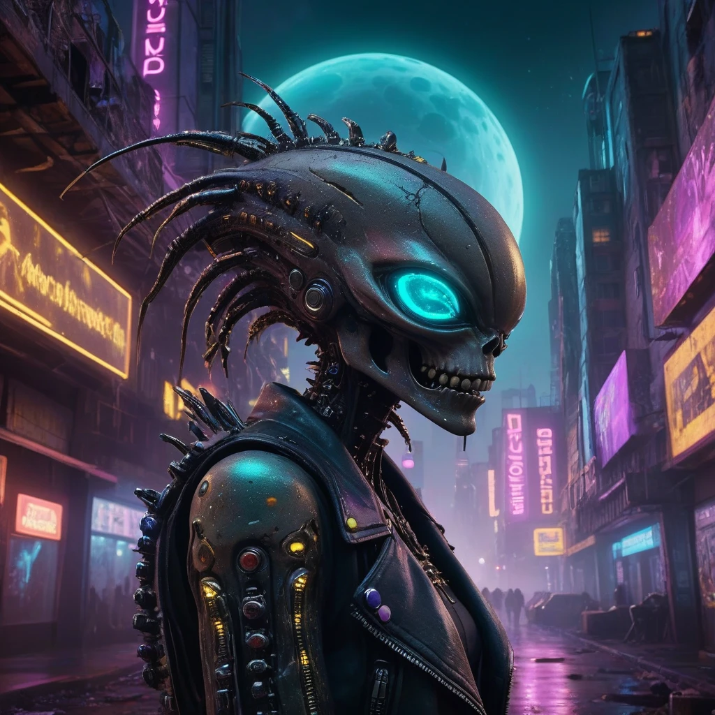 (best quality,highres:1.2,ultra-detailed,photorealistic:1.37),sci-fi cinematic masterpiece,punk rock ambiance,futuristic alien landscape,during the night,Nikon D3300,L USM,shining eyes,award-winning,gritty atmosphere,otherworldly creatures,cyberpunk cityscape,neon lights,punk fashion,moonlit sky,high-tech gadgets,visually striking,energetic music,vibrant colors,edgy vibe,urban decay,technological advancements,extraterrestrial architecture,star-filled background,intense emotions,raw emotions, dynamic composition,imaginative concept art,Jaw-dropping visuals