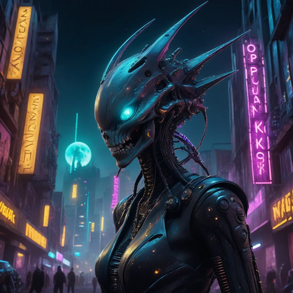 (best quality,highres:1.2,ultra-detailed,photorealistic:1.37),sci-fi cinematic masterpiece,punk rock ambiance,futuristic alien landscape,during the night,Nikon D3300,L USM,shining eyes,award-winning,gritty atmosphere,otherworldly creatures,cyberpunk cityscape,neon lights,punk fashion,moonlit sky,high-tech gadgets,visually striking,energetic music,vibrant colors,edgy vibe,urban decay,technological advancements,extraterrestrial architecture,star-filled background,intense emotions,raw emotions, dynamic composition,imaginative concept art,Jaw-dropping visuals