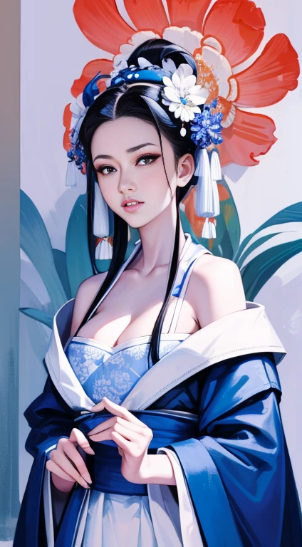 Blue and white porcelain style，Chinese Clothing，White clothing，The clothes have a blue and white pattern，Chinese Art Style，Fashion model 18 years old [[[[特写Cleavage]]]], (((Cleavage)))
[[[[breast]]]], [[[[Cole]]]], [[[[bShoulder]]]], Perfect eyes, Perfect iris，Perfect lips，Perfect Teeth，Perfect skin，Fair skin，Soft headlight，HDR，Movie Girl，White hair，The expression is melancholy，Background with ancient Chinese interior decoration，4k ultra high definition, Ultra-high resolution, (Reality: 1.4), best quality，masterpiece，Super dilution，（Pastel colors：1.2）