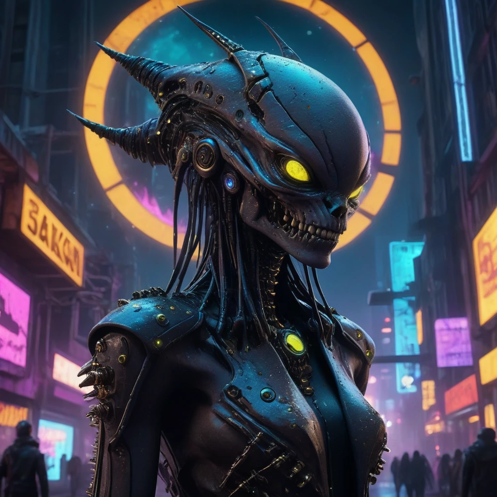 (best quality,highres:1.2,ultra-detailed,photorealistic:1.37),sci-fi cinematic masterpiece,punk rock ambiance,futuristic alien landscape,during the night,Nikon D3300,L USM,shining eyes,award-winning,gritty atmosphere,otherworldly creatures,cyberpunk cityscape,neon lights,punk fashion,moonlit sky,high-tech gadgets,visually striking,energetic music,vibrant colors,edgy vibe,urban decay,technological advancements,extraterrestrial architecture,star-filled background,intense emotions,raw emotions, dynamic composition,imaginative concept art,Jaw-dropping visuals