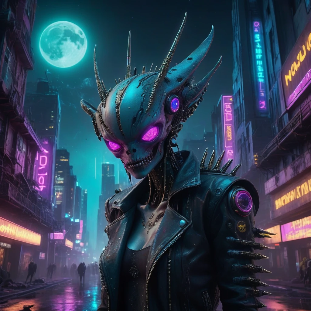 (best quality,highres:1.2,ultra-detailed,photorealistic:1.37),sci-fi cinematic masterpiece,punk rock ambiance,futuristic alien landscape,during the night,Nikon D3300,L USM,shining eyes,award-winning,gritty atmosphere,otherworldly creatures,cyberpunk cityscape,neon lights,punk fashion,moonlit sky,high-tech gadgets,visually striking,energetic music,vibrant colors,edgy vibe,urban decay,technological advancements,extraterrestrial architecture,star-filled background,intense emotions,raw emotions, dynamic composition,imaginative concept art,Jaw-dropping visuals