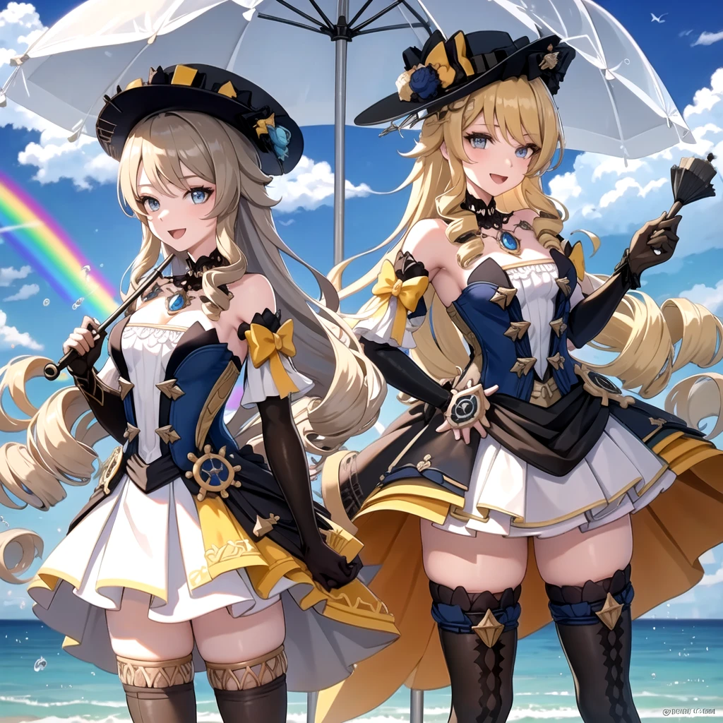 navia_gi, looking at viewer, smile, open mouth, skirt, thighhighs, gloves, hat, dress, holding, bare shoulders, standing, :d, outdoors, detached sleeves, sky, day, cloud, blue sky, umbrella, garter straps, drill hair, brown gloves, water drop, holding umbrella, brown headwear, rainbow